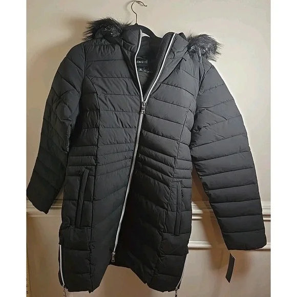 NuAge Women's Jacket Sz S/P Regular Stretch Puffer Coat w Removable Hood Black - Picture 2 of 15